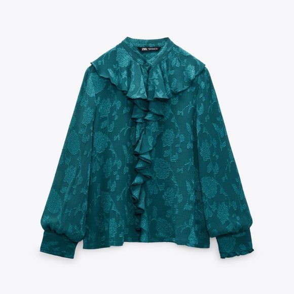 ZARA RUFFLED JACQUARD SHIRT DUCK GREEN SIZE L | 2285/893/538 - Picture 3 of 12